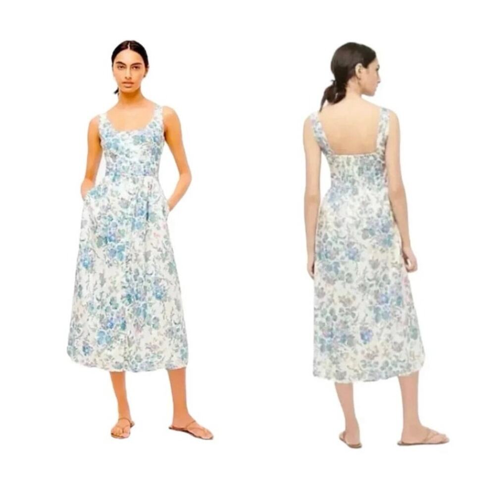 J. Crew White Floral Midi Dress with Blue & Green Print